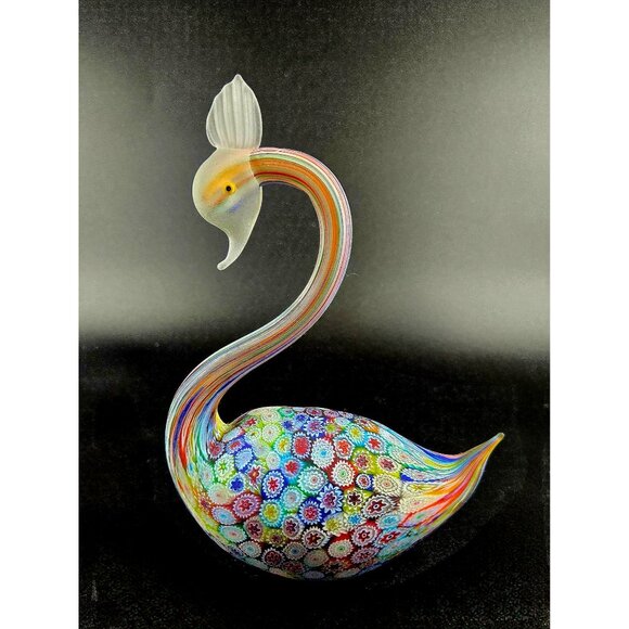 Murano Fratelli Toso Millefiori Art Glass Swan w/Multicolor Floral Pattern & Fro - Picture 2 of 10